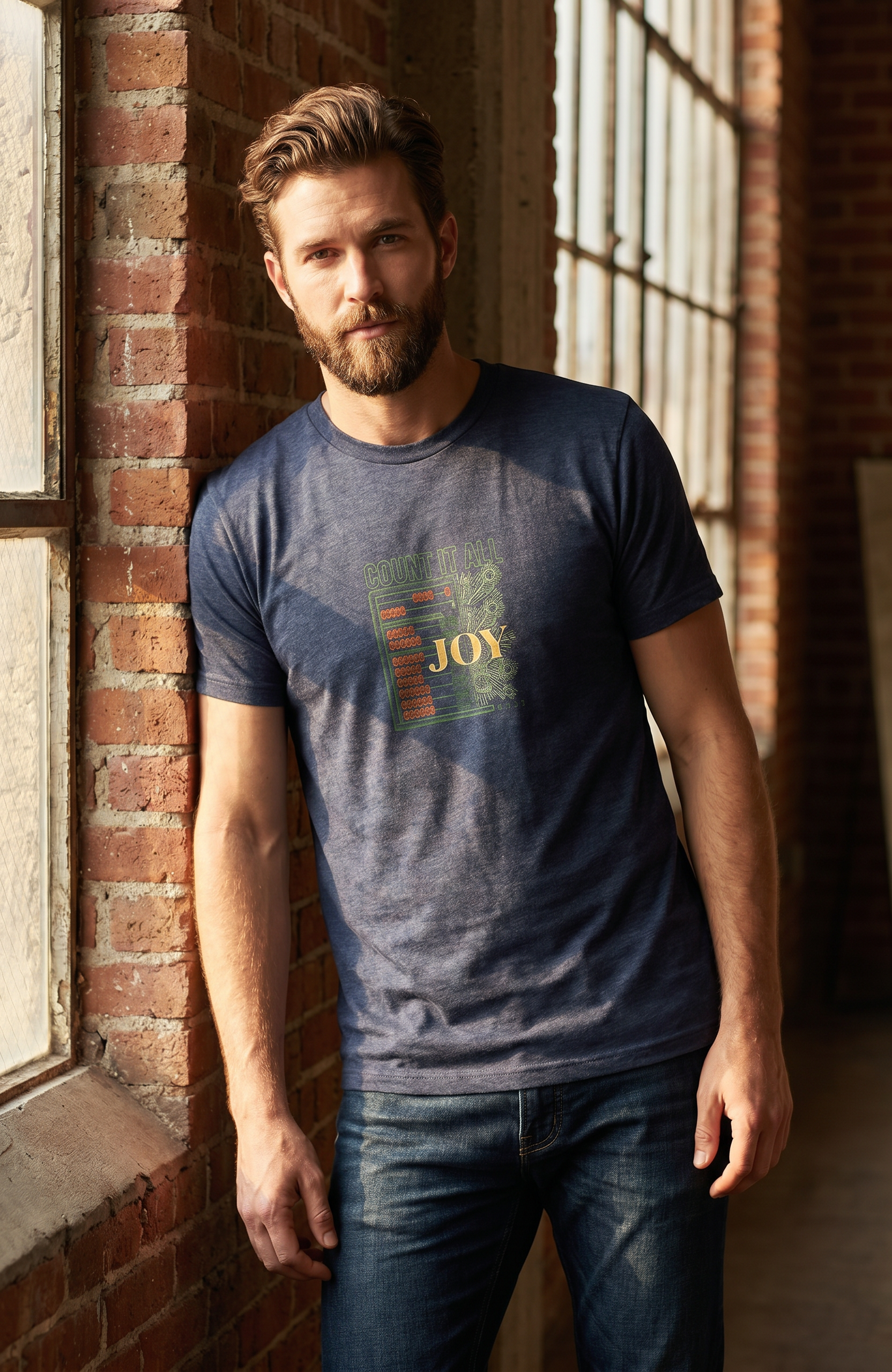A man wearing a navy blue graphic t-shirt with a distressed print that reads 'JOY' in gold, standing in a brick-walled corridor.