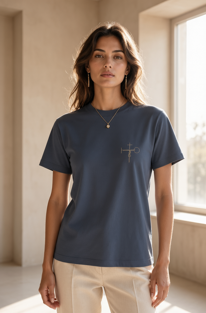 A woman modeling a slate blue short-sleeve t-shirt with a small gold cross and crossbow graphic on the left chest, paired with cream pants in a bright, modern room.