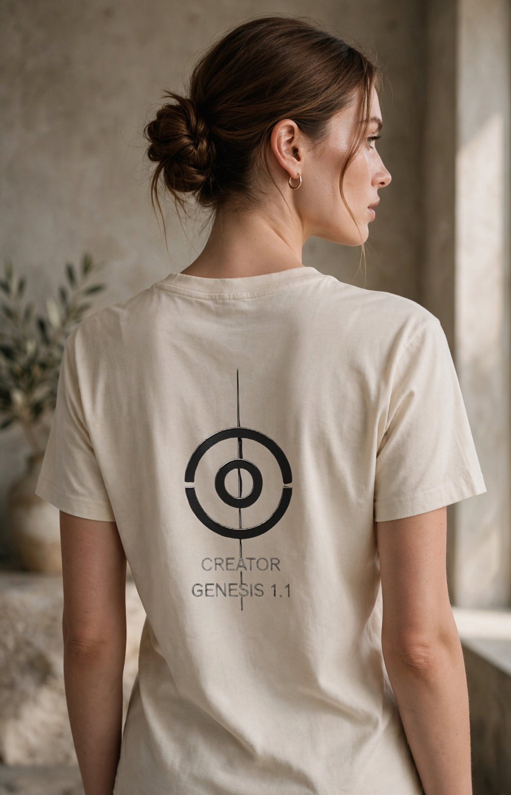 A woman shown from the back wearing a cream-colored t-shirt with a black graphic of a target and the text 'CREATOR GENESIS 1.1' printed on the back.