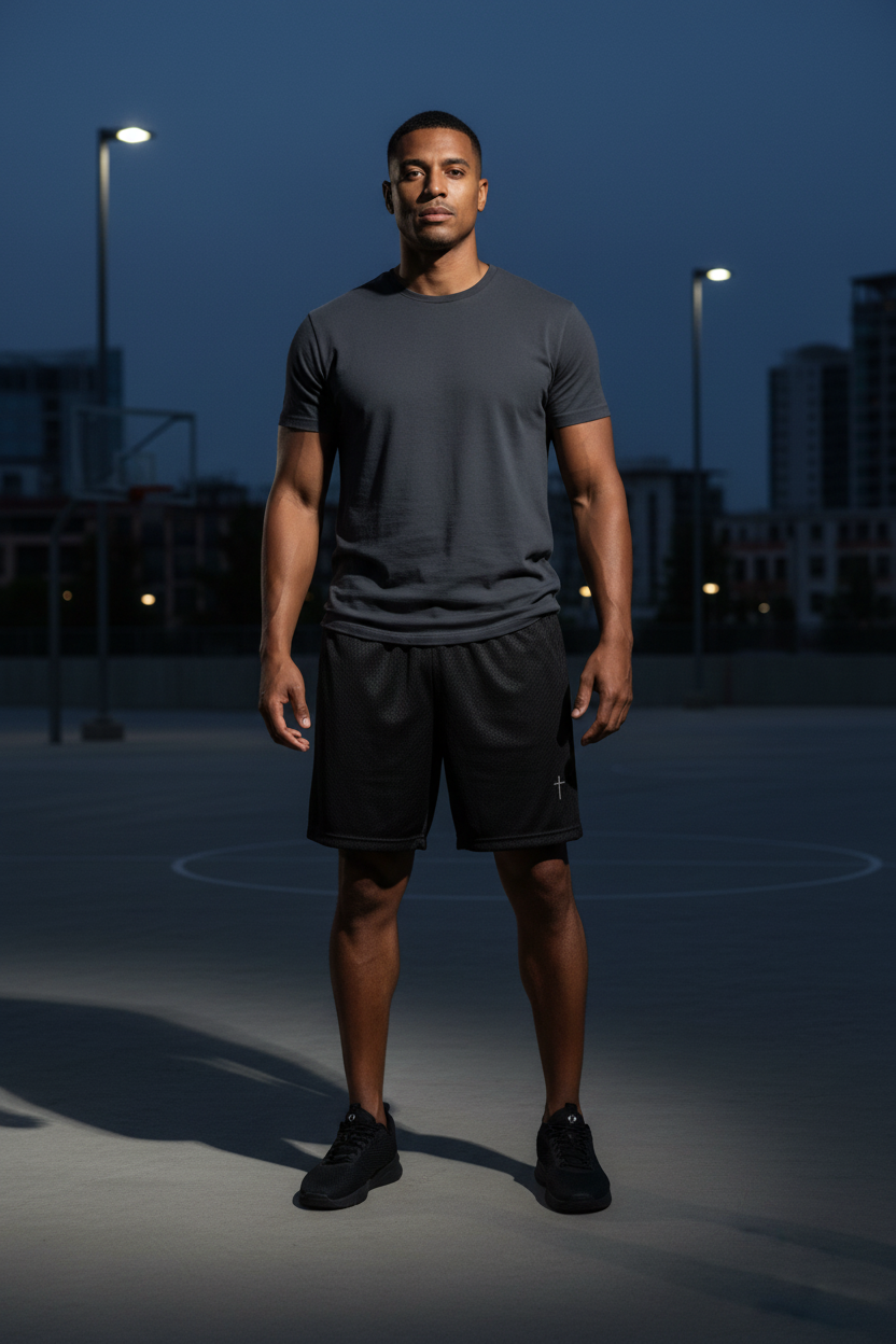 Cross Mesh Shorts (Black) — Luxury Athletic Male Editorial