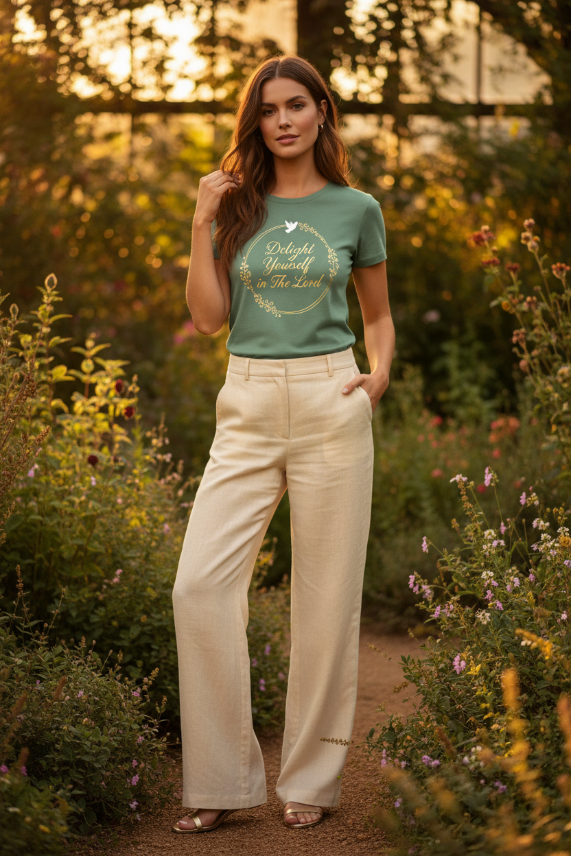 Delight Yourself in The Lord Tee (Sage) — Corrected Dove, Vogue-Style Editorial