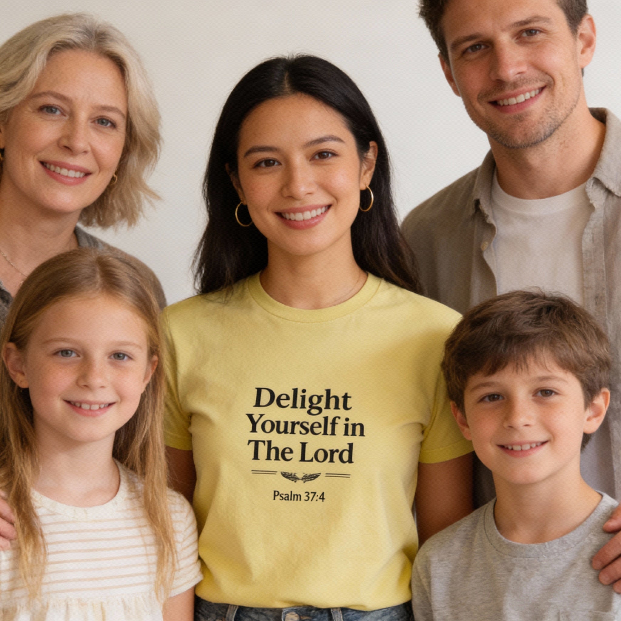 Family of five posing together with a woman wearing a yellow shirt with  DELIGHT YOURSELF IN THE LORD.