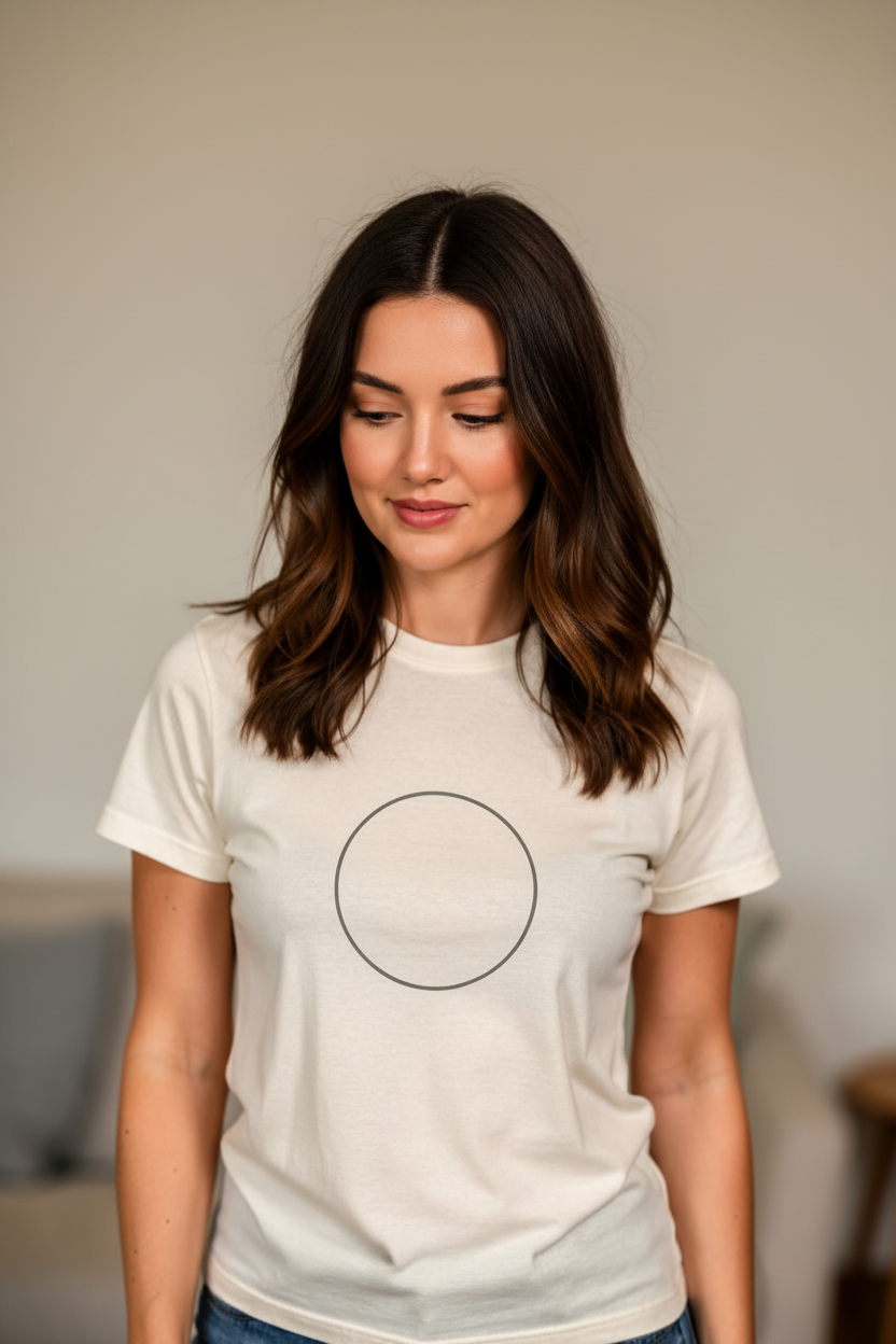 Female model wearing Eternal God Unisex Jersey Tee in Natural — editorial style front view, Psalm 90:2 From Everlasting to Everlasting design, Christian tee by 4HG