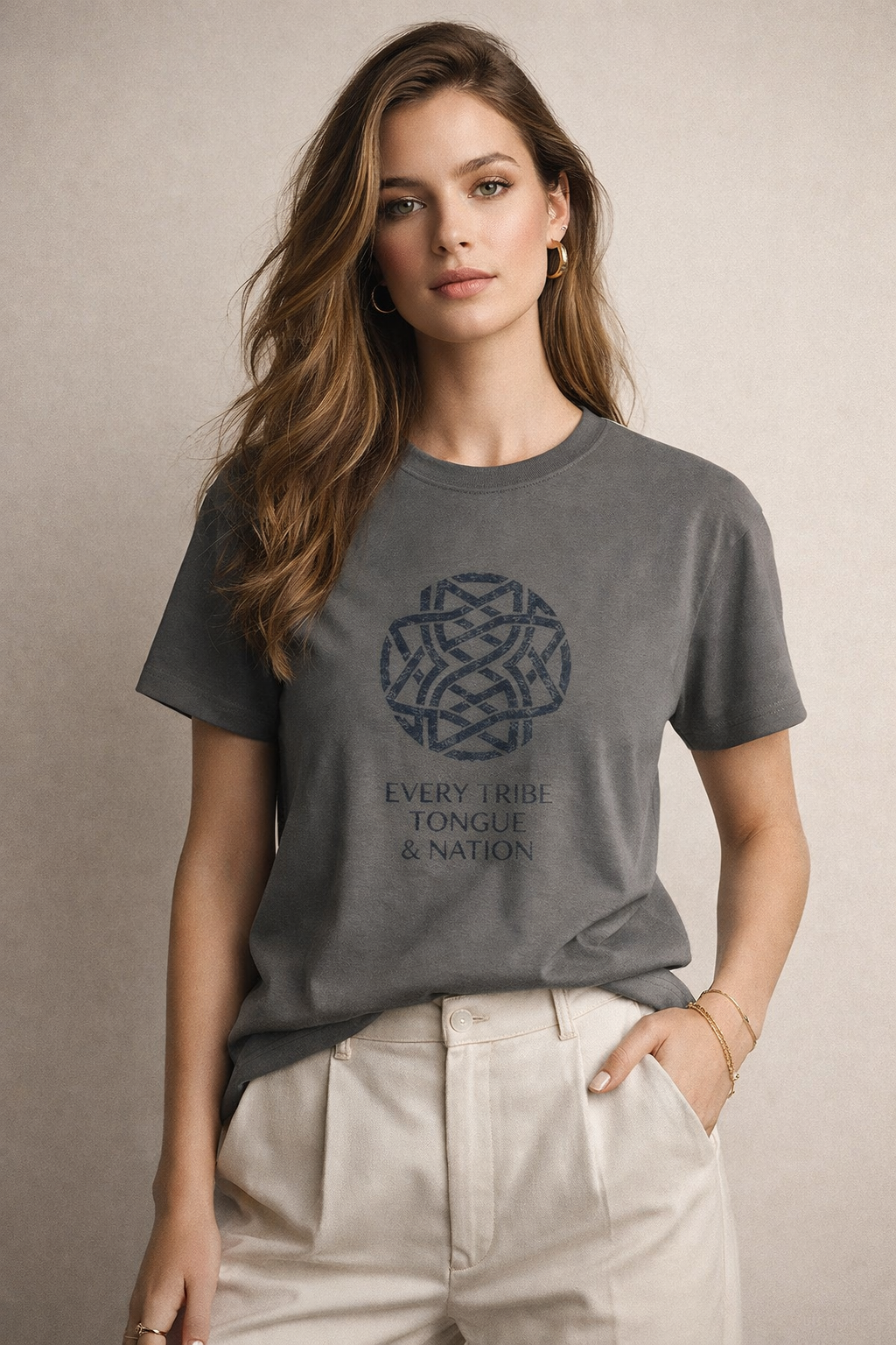 Editorial style mockup with female model wearing slate tee.
