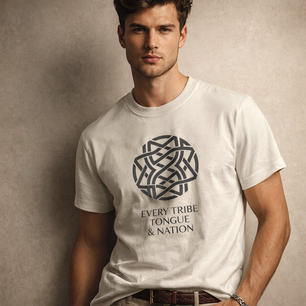 Editorial style mockup with male model wearing natural tee.