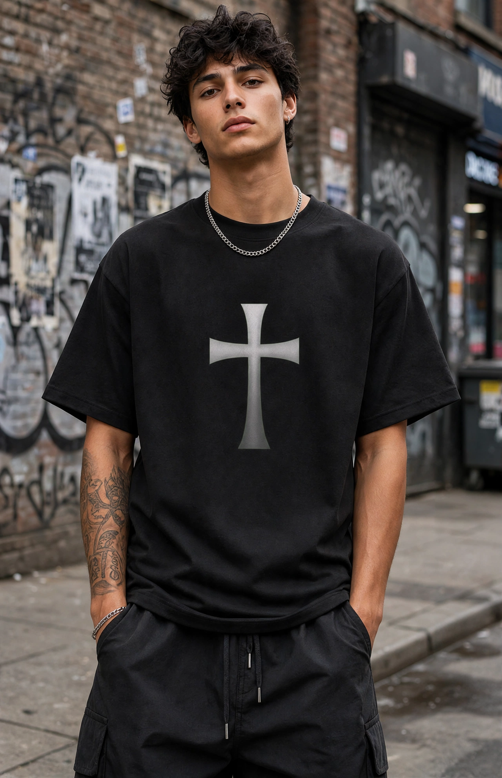 A man wearing a black crewneck t-shirt with a large silver-gray cross graphic on the chest, paired with black cargo pants, standing in an urban street setting with a graffiti-covered brick wall.