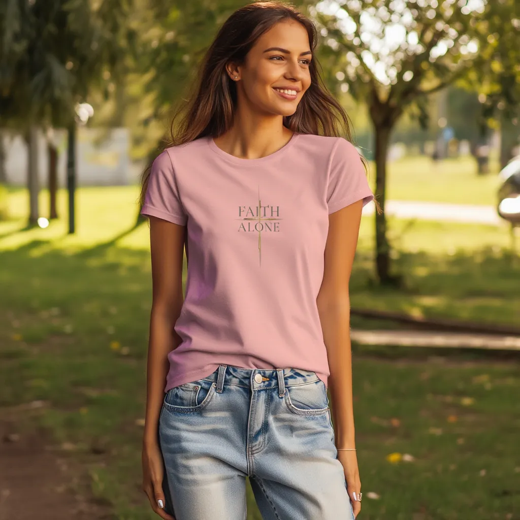 Woman wearing a pink t-shirt with 'FAITH ALONE' text in a park.