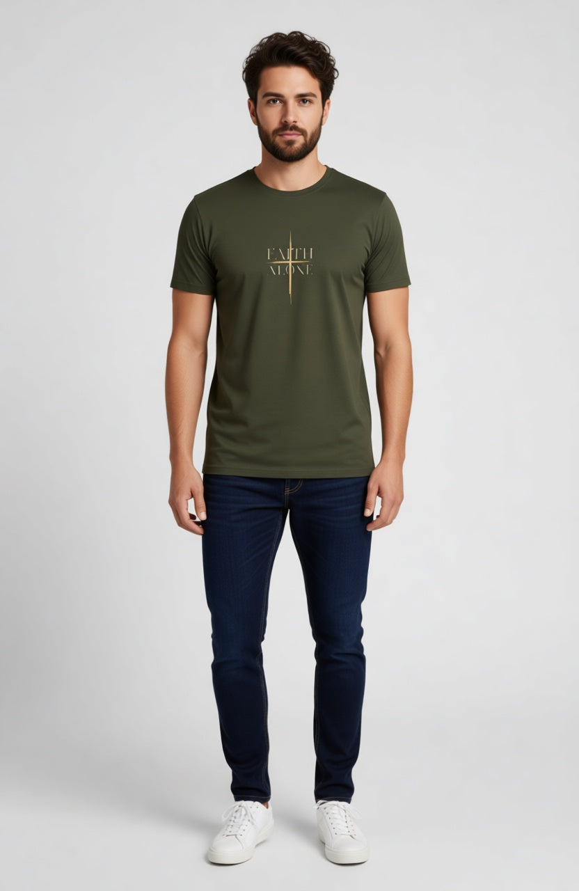 Man wearing a green t-shirt with text on a white background