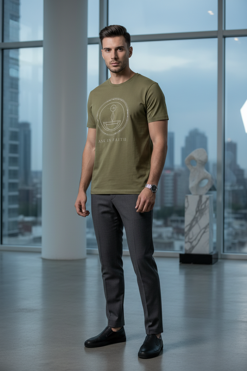 A man wearing an olive green crewneck t-shirt with a circular graphic print, paired with dark gray trousers and black shoes, standing in a modern room with large windows overlooking a city skyline.