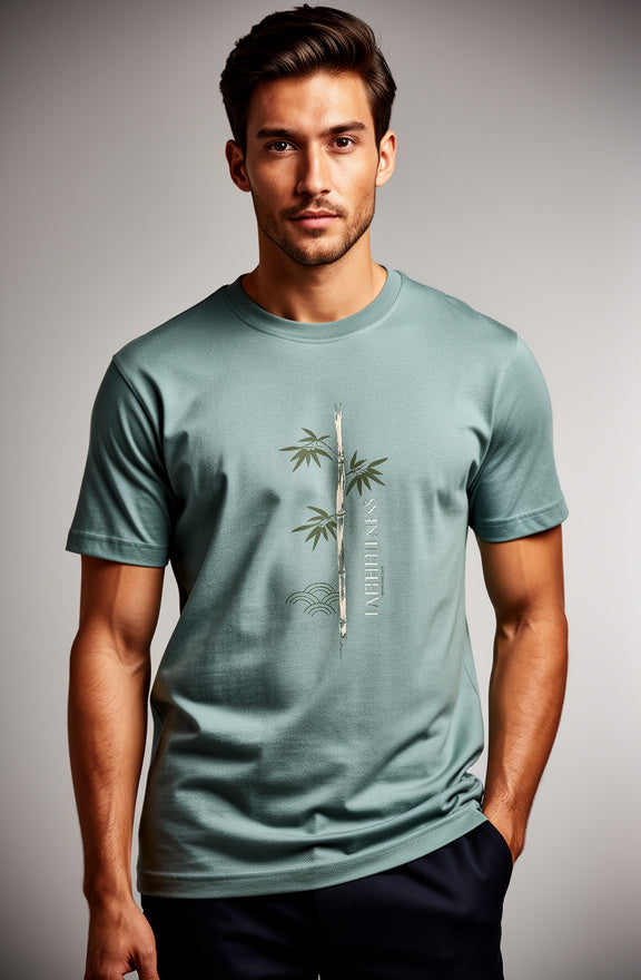 Man wearing a light green t-shirt with a bamboo design on a gray background