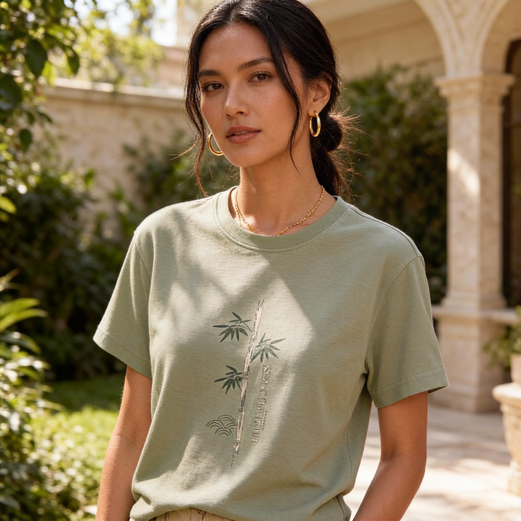 Woman wearing a green t-shirt with palm tree design outdoors