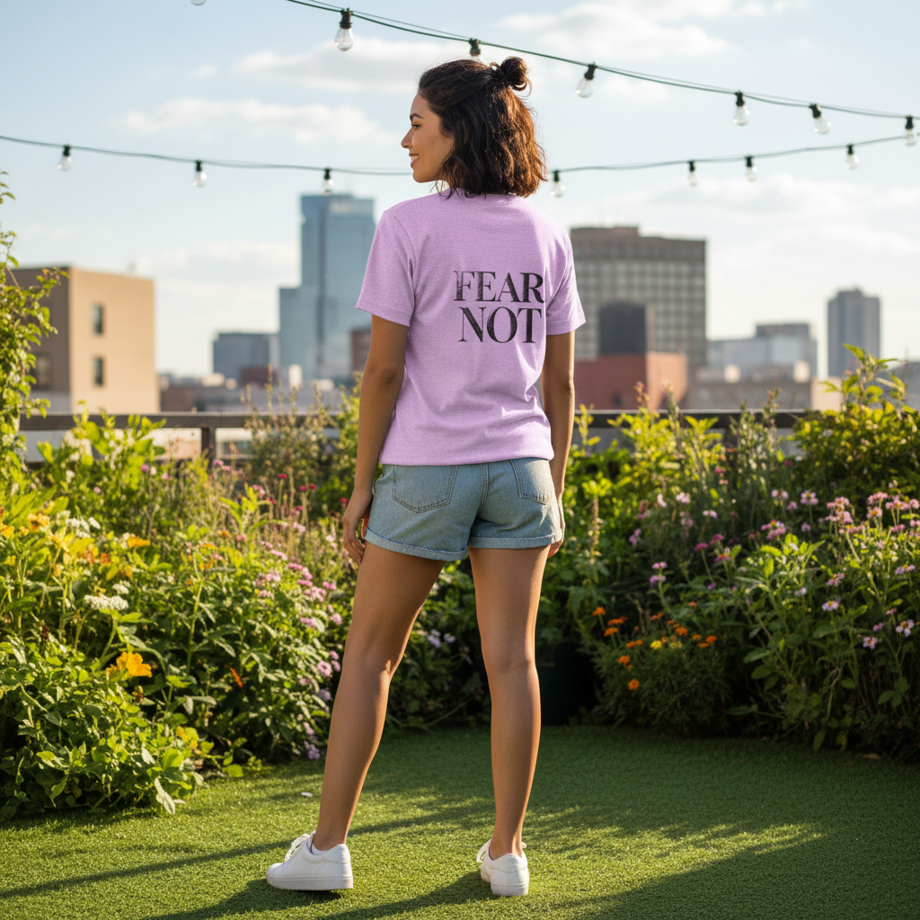 woman wearing lilac shirt with FEAR NOT