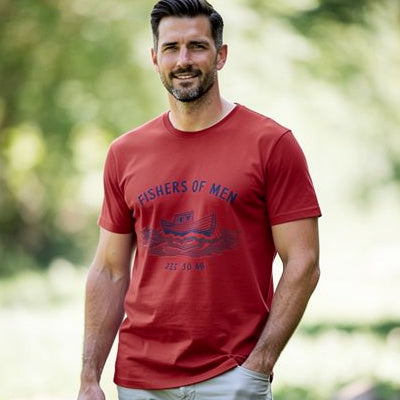 Man wearing a red 'Fishers of Men' t-shirt outdoors