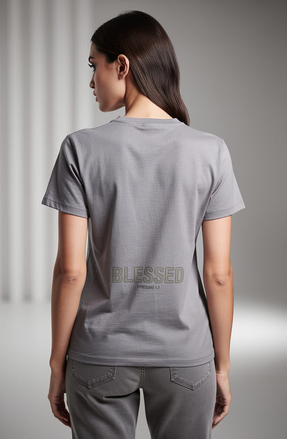 Female model wearing Blessed Super Heavyweight Tee in Gravel — editorial style, Ephesians 1:3 scripture design, oversized Christian tee by 4HG