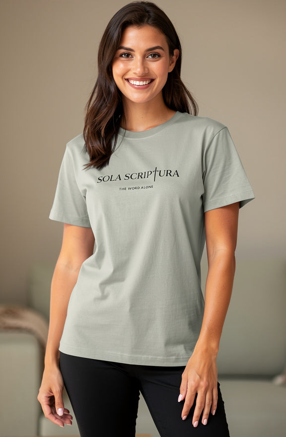 Sola Scriptura women's meadow heavy tee – editorial front view, faith-based apparel by 4HG