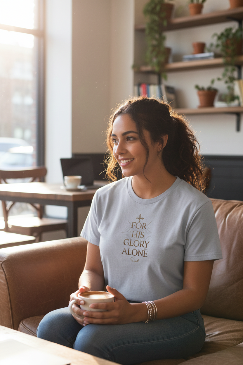 Woman sitting on a couch holding a cup, wearing a t-shirt with FOR HIS GLORY ALONE, in a cozy indoor setting.