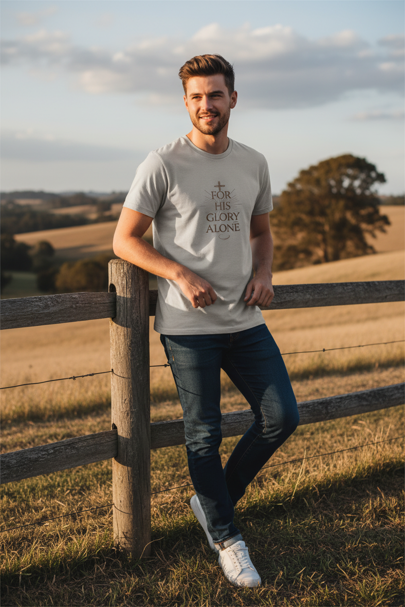 Man standing by a wooden fence in a field with a scenic background wearing t-shirt with text FOR HIS GLORY ALONE.