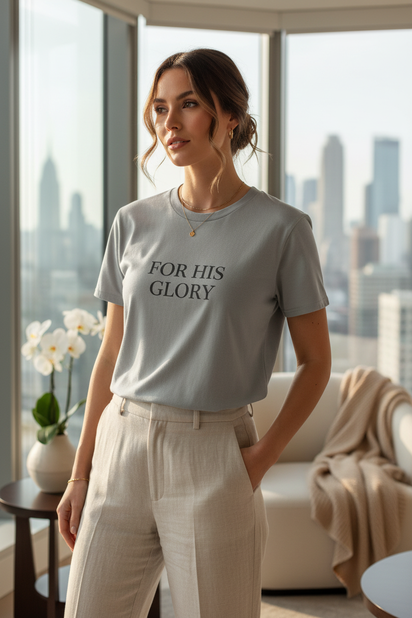 Woman wearing a t-shirt with 'FOR HIS GLORY' text in a modern living room.
