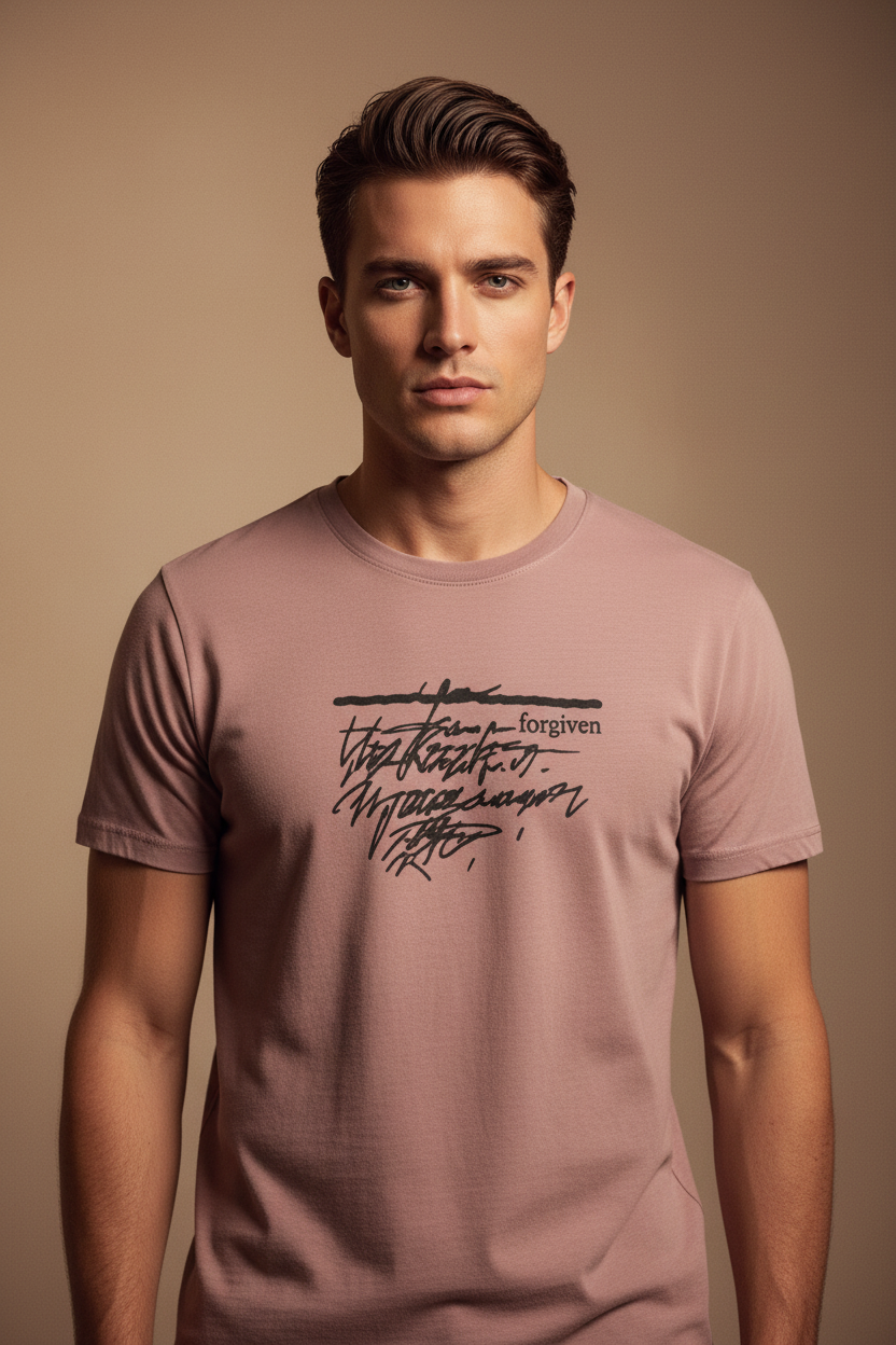 Male model wearing Forgiven Men's Staple Faded Tee in Faded Rose — editorial style front view, black Forgiven graphic, garment-dyed Christian tee by 4HG