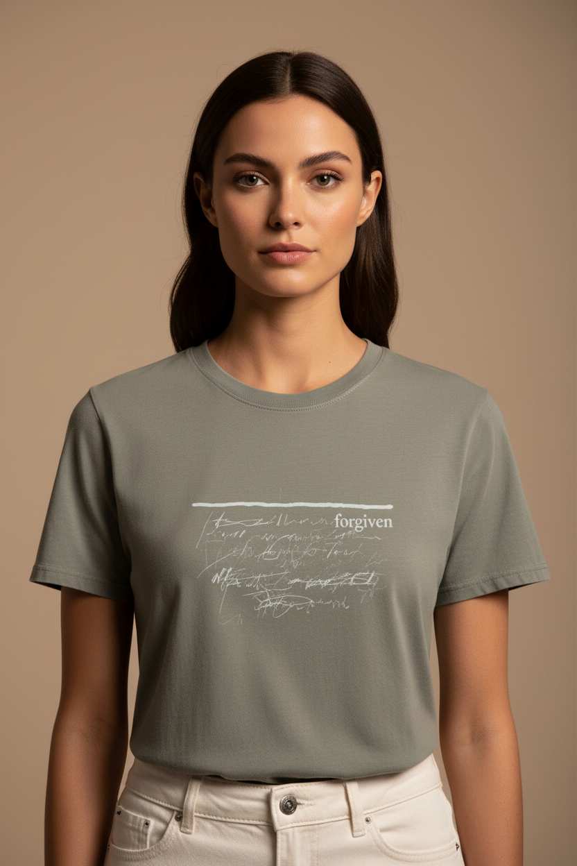 Female model wearing Forgiven Men's Staple Faded Tee in Faded Dust — editorial style front view, white Forgiven graphic, garment-dyed Christian tee by 4HG
