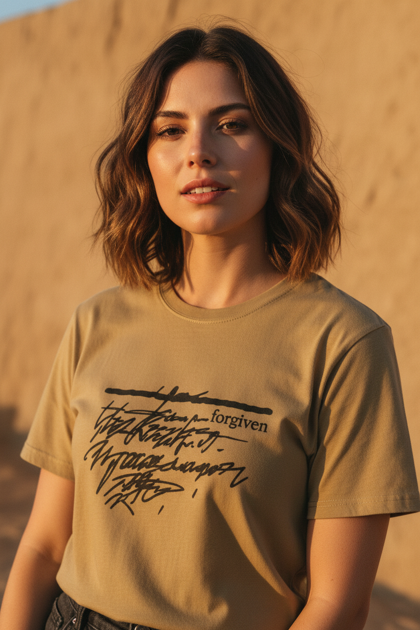 Female model wearing Forgiven Men's Staple Faded Tee in Faded Mustard — editorial style front view, black Forgiven graphic, garment-dyed Christian tee by 4HG