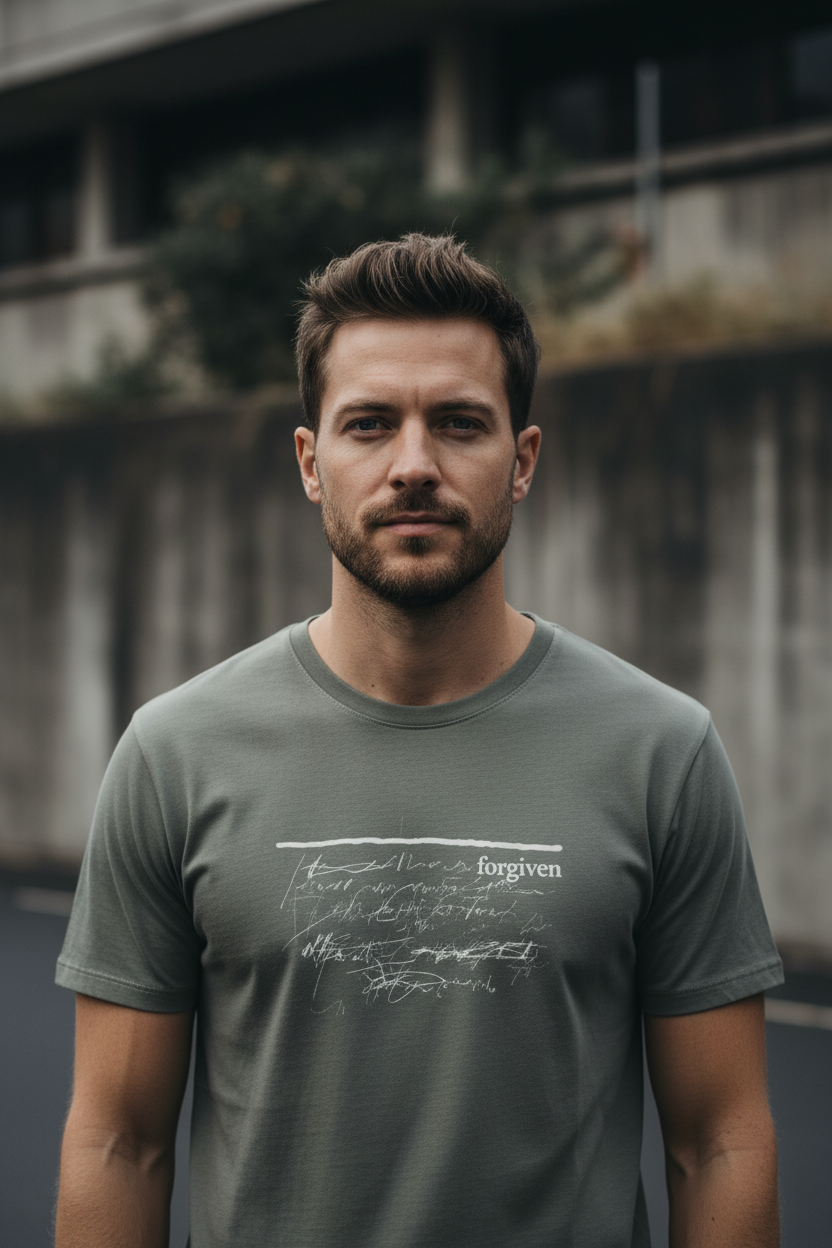 Male model wearing Forgiven Men's Staple Faded Tee in Faded Army — editorial style front view, white Forgiven graphic, garment-dyed Christian tee by 4HG