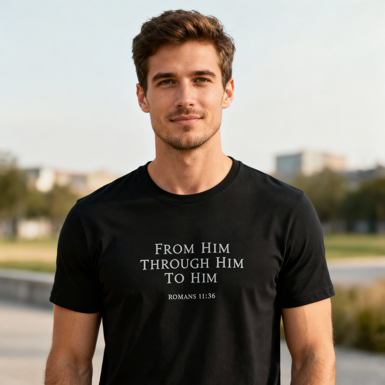 Man wearing a black t-shirt with a religious quote outdoors