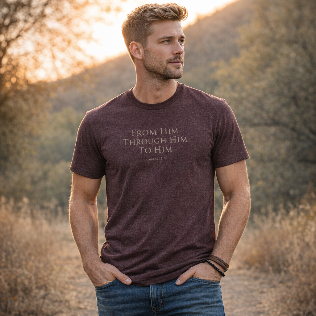 Man wearing a t-shirt with text standing outdoors with a scenic background