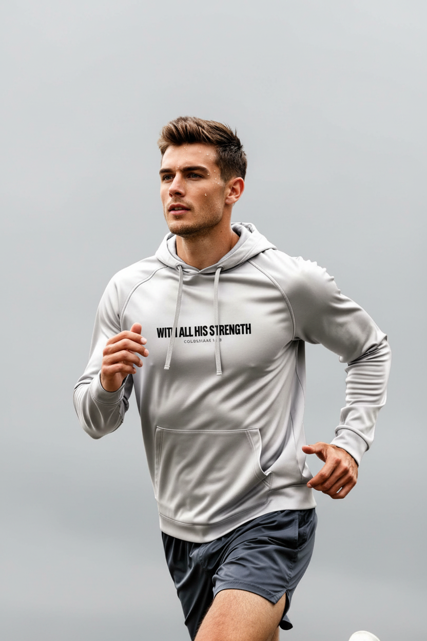 Male model wearing With All His Strength Hoodie in White — active lifestyle front view, Colossians 1:29 design, premium Christian fleece pullover by 4HG