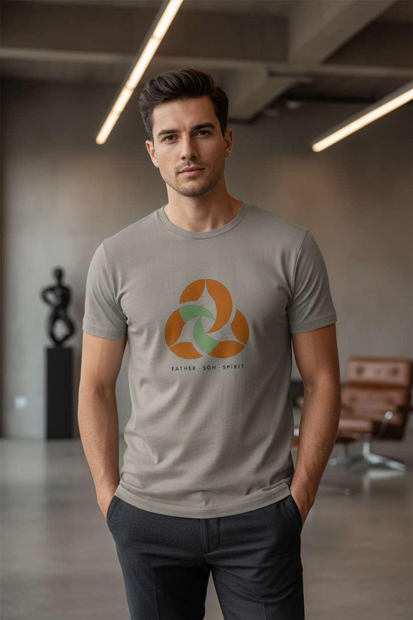 Male model wearing Trinity Men's Staple Faded Tee in Faded Dust — editorial style front view, 2 Corinthians 13:14 Trinity design, garment-dyed Christian tee by 4HG