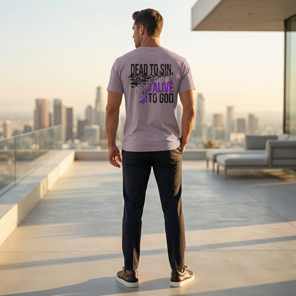 Male model wearing Dead to Sin Alive to God Super Heavyweight Tee in Smokey Violet — back view showing Romans 6:11 scripture design, oversized Christian tee by 4HG