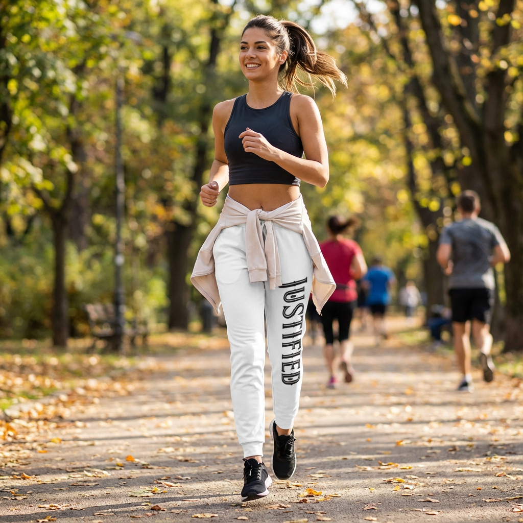 Woman running in a park with JUSTIFIED jogging pants