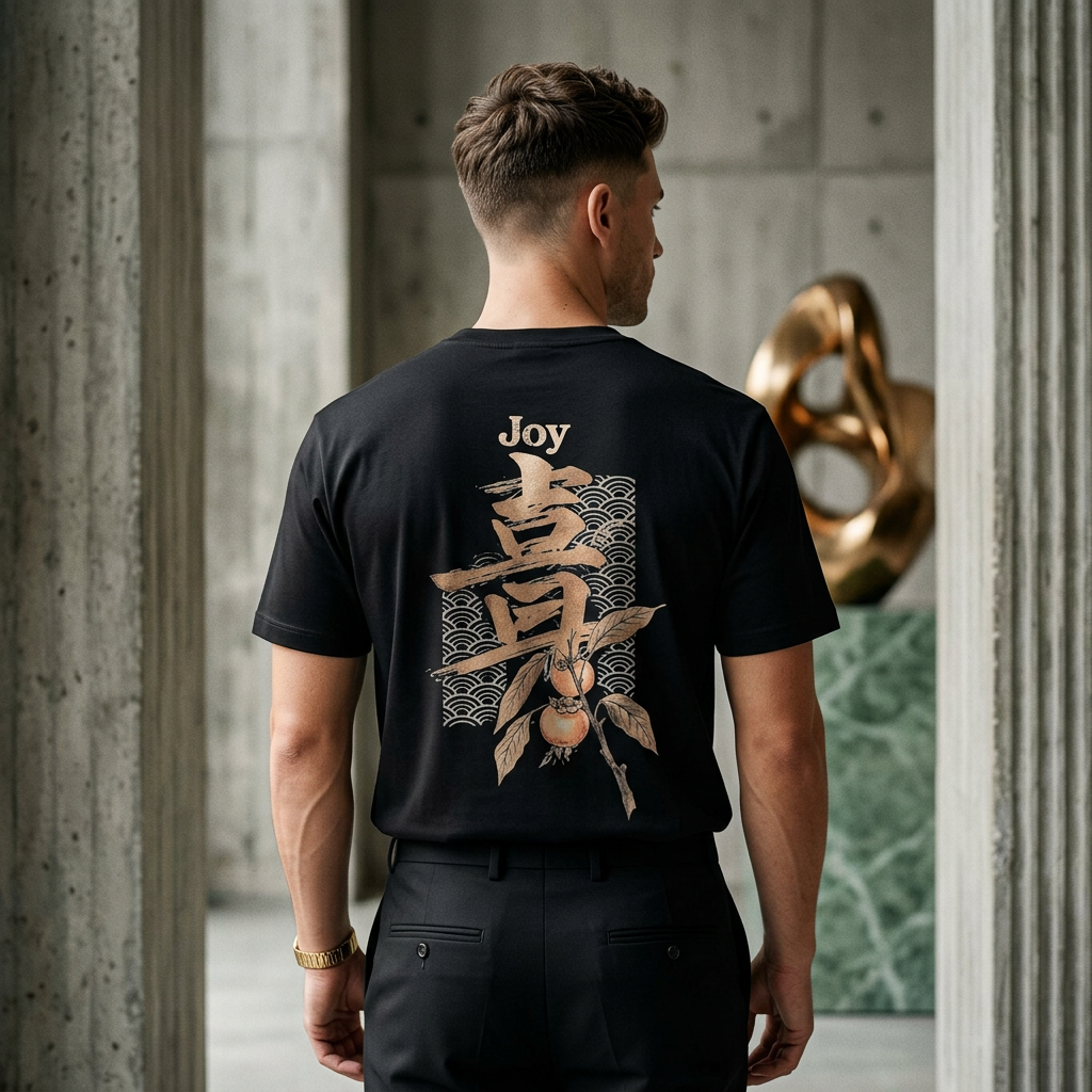 Man wearing a black t-shirt with 'Joy' and floral design on the back, standing in a modern interior setting.