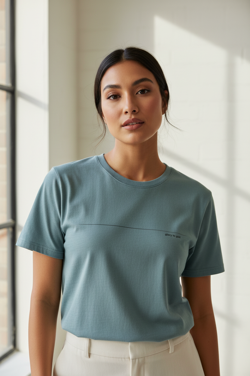 Female model wearing Glory to God Men's Staple Faded Tee in Faded Slate — editorial style front view, Psalm 115:1 Soli Deo Gloria design, garment-dyed Christian tee by 4HG