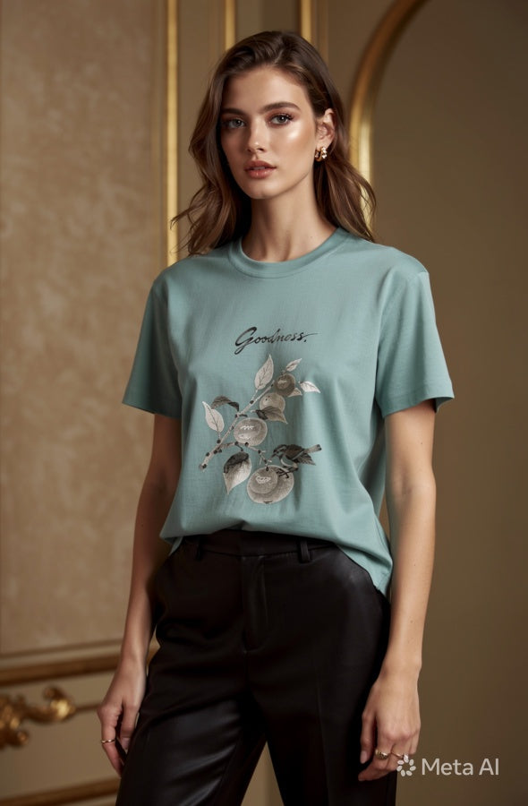 Woman wearing a light blue t-shirt with floral design and text in an indoor setting