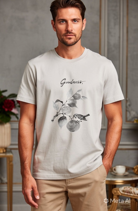 Editorial style mockup with man wearing natural Goodness shirt.