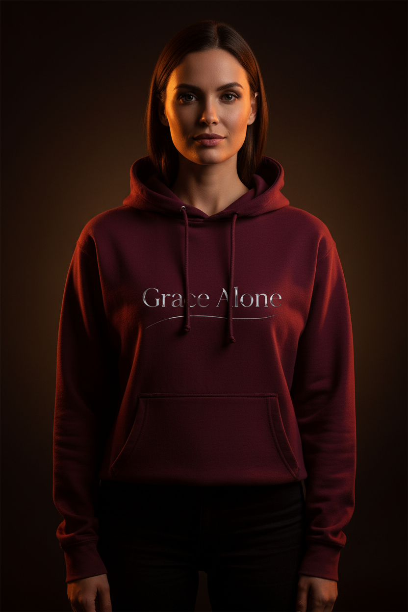 Female model wearing Grace Alone Christian Hoodie in Maroon — cinematic editorial dark background front view, Sola Gratia Grace Alone Reformed theology design, premium faith-based hoodie by 4HG