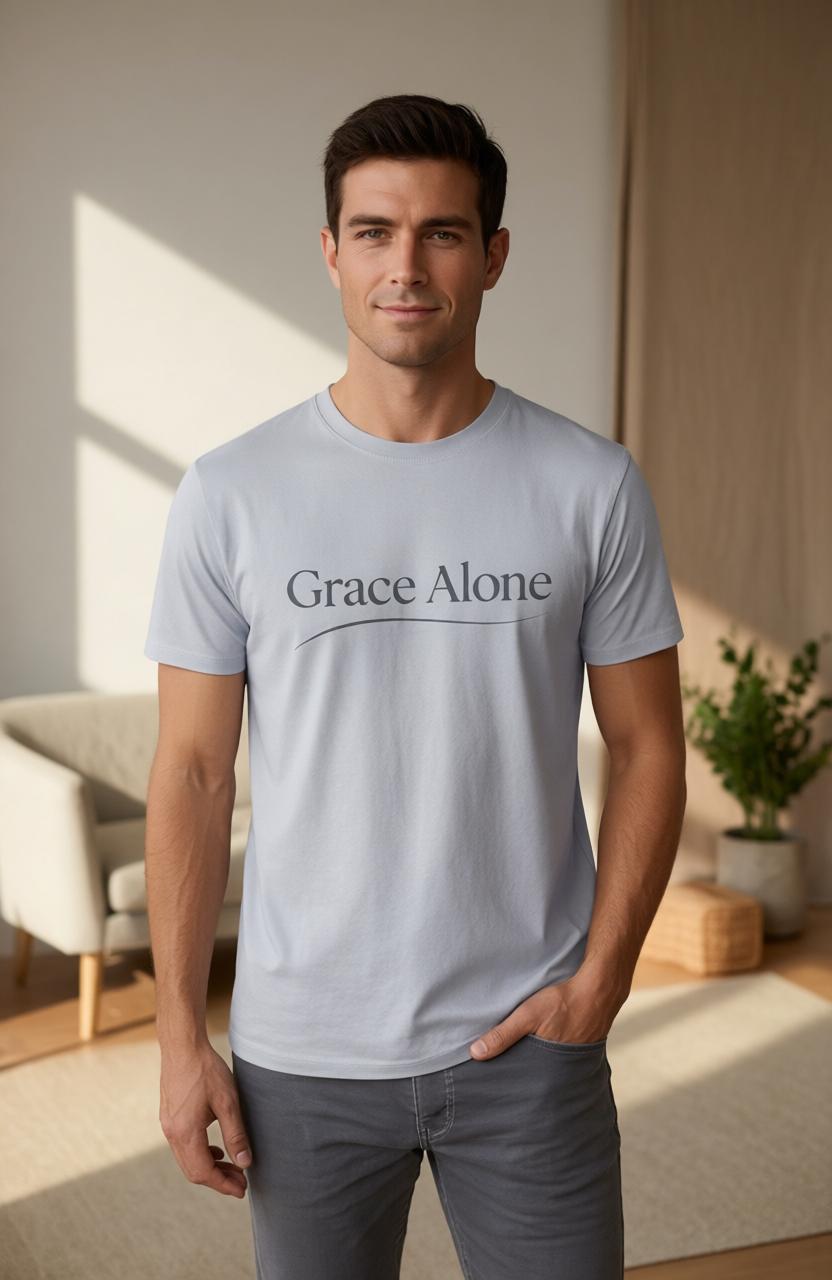 Man wearing a light blue t-shirt with 'Grace Alone' text in a living room.