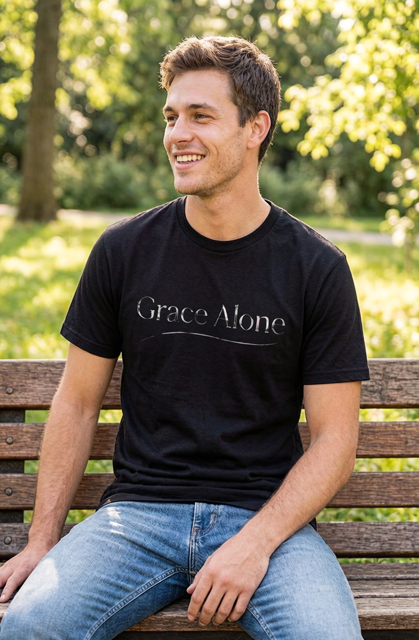 Man sitting on a bench wearing a black t-shirt with 'Grace Alone' text in a park.