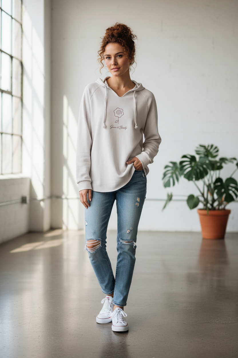 A woman stands in a bright, modern room wearing a light beige graphic hoodie, distressed blue jeans, and white sneakers.