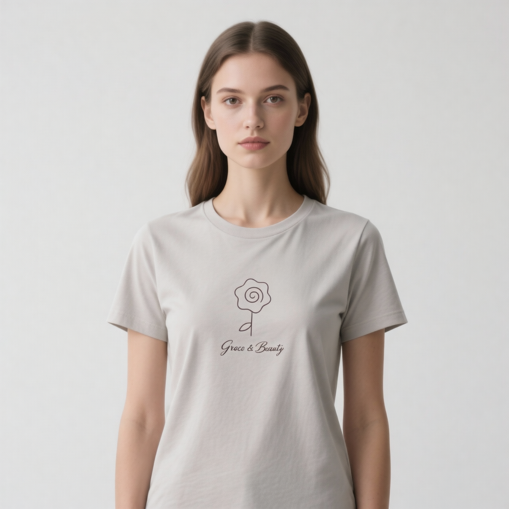 A woman wearing a light beige crewneck t-shirt with a minimalist black line-art flower and the text 'Grace & Beauty' printed on the chest, set against a plain light gray background.