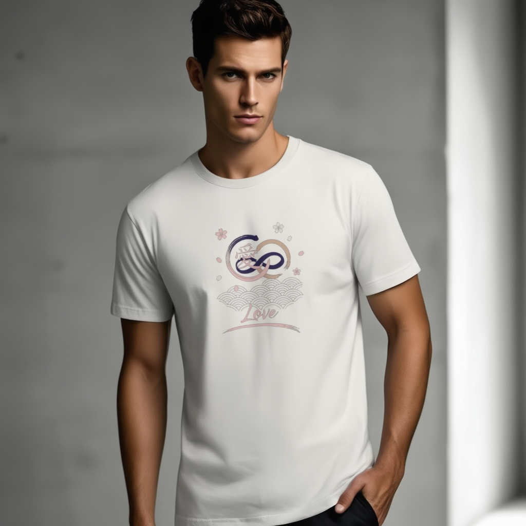 Man wearing a white t-shirt with a design on a gray background