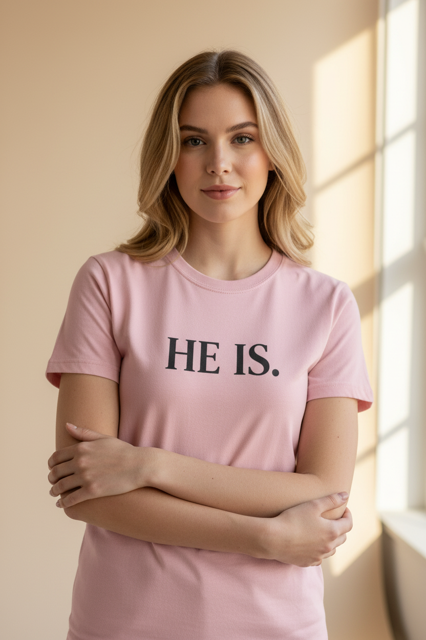 Female model wearing He Is Core Cotton Tee in Pale Brush — editorial style front view, I AM Exodus 3:14 scripture design, Christian apparel by 4HG