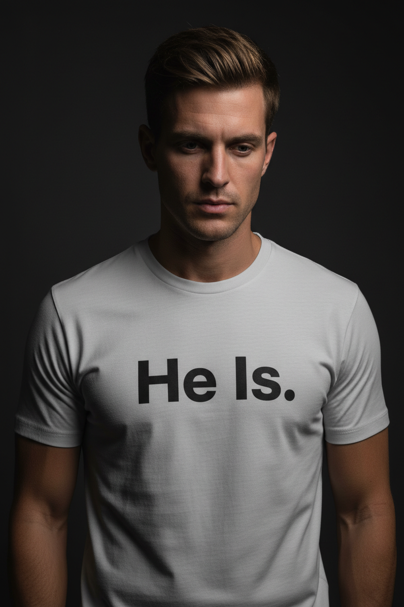 Male model wearing He Is Core Cotton Tee in White — editorial style front view, I AM Exodus 3:14 scripture design, Christian apparel by 4HG