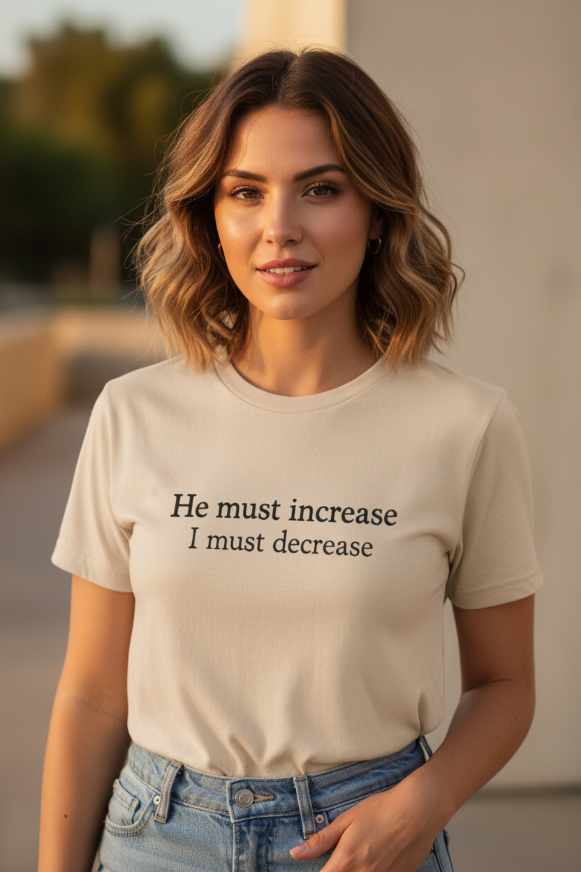 Female model wearing He Must Increase Light Cotton Tee in Natural — editorial style front view, John 3:30 scripture design, Christian tee by 4HG

