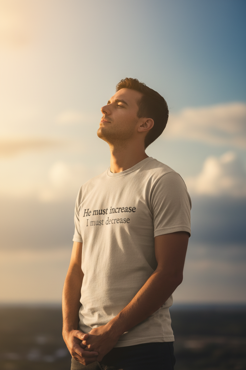 Male model wearing He Must Increase Light Cotton Tee in Off White — editorial style front view in golden hour sunlight, John 3:30 scripture design, Christian tee by 4HG