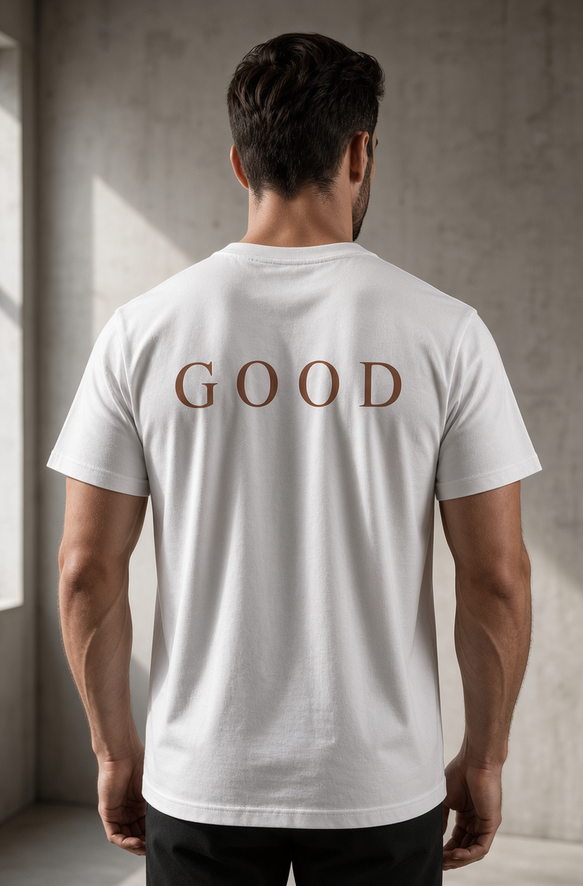 A man viewed from behind wearing a white t-shirt with the word 'GOOD' printed in brown serif letters across the upper back, set against a textured concrete wall.
