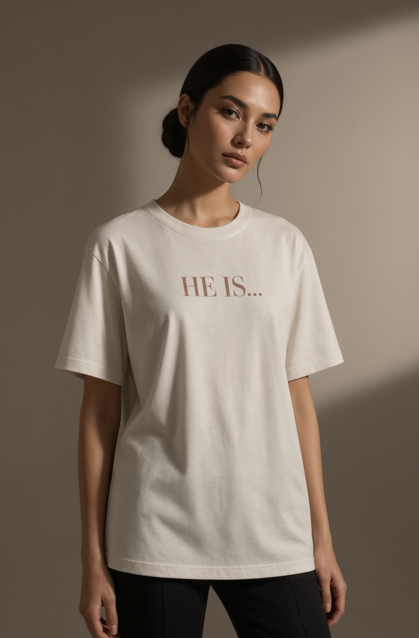 A woman wearing a cream-colored oversized t-shirt with the text 'HE IS.