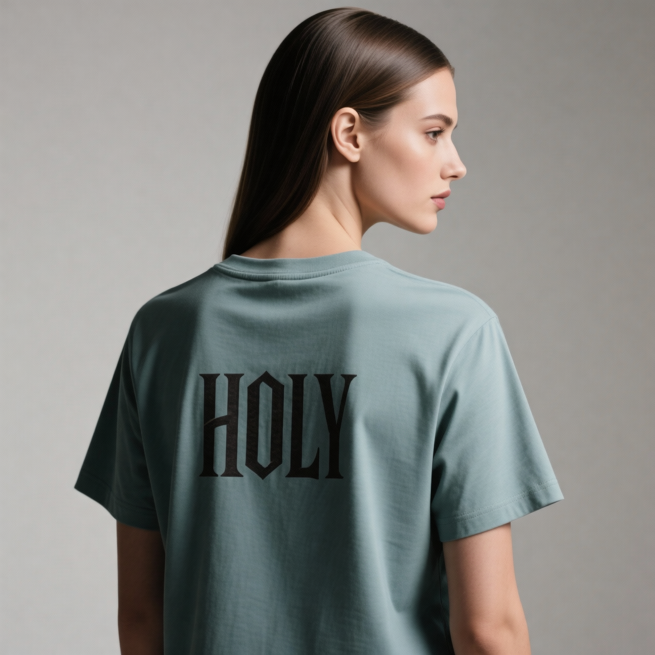 A woman shown from the back wearing a muted blue-gray short-sleeve T-shirt with the word 'HOLY' printed in large black serif letters across the upper back, against a plain light gray studio background.