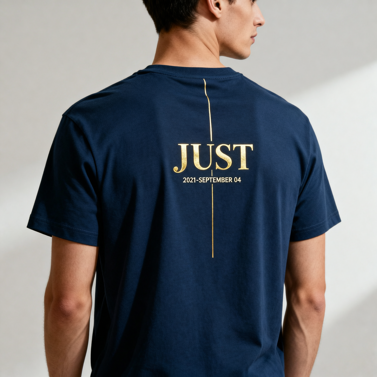 A man wearing a navy blue t-shirt, viewed from the back. The shirt features a vertical gold line running from the neckline down the center, with the word 'JUST' in gold serif lettering and the date '2021-SEPTEMBER 04' printed below it.